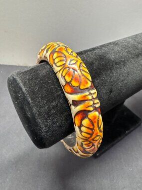 Handcrafted Floral Bangle With Burnt Orange & Cream Accents–Unique Vintage Style